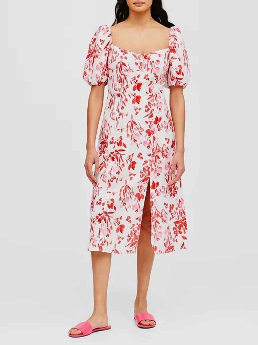 Banana Republic Midi Maxi Dress White Red Floral Linen Blend Puff Sleeve size 2
